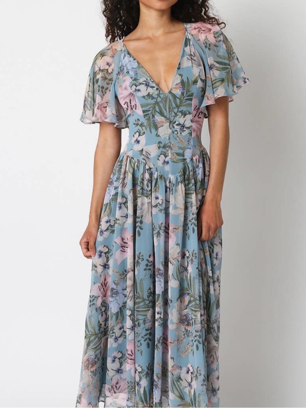 Floral V-Neck v waist flutter sleeve midi Dress in Light Blue S